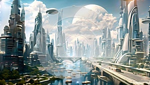 vision of a cutting-edge city, where waterways intertwine with advanced architecture, showcasing a futuristic landscape, A