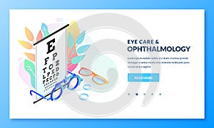 Vision diagnostics test. Ophthalmology exam and eye care vector isometric illustration. Landing page banner design