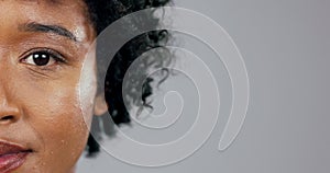 Vision, eye and portrait of woman with mockup for contact lenses or glasses on studio background. Person, face and zoom