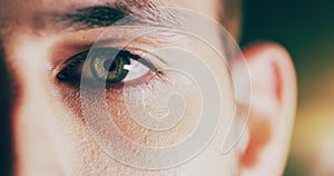 Vision, eyes and portrait of man opening eye, blink and dilate pupil for eye test. Healthcare, medical insurance and