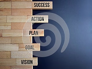 Vision, goal, plan, action, success text on wooden blocks background. Business concept.