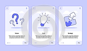 Vision goal strategy onboarding screen for mobile apps template banner page UI with three variations modern flat outline