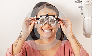 Vision, healthcare and eyes test for a woman with glasses checking optical wellness with a smile on her face. Insurance