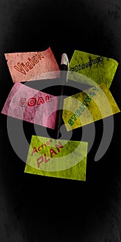 vision mission goal strategy action plan concept displaying with black background isolated pen on abstract background