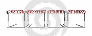 Vision Strategy Execution Success Jumping Over Hurdles Words