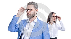 Vision of success. Successful partnership of businesspeople in suit. Business man and woman look in glasses