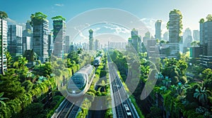 A vision of a sustainable future: a city seamlessly integrating advanced technology and architecture with abundant urban greenery