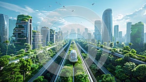 A vision of a sustainable future: a city seamlessly integrating advanced technology and architecture with abundant urban greenery