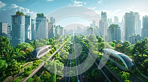 A vision of a sustainable future: a city seamlessly integrating advanced technology and architecture with abundant urban greenery