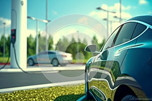 The vision of a sustainable future with a close - up shot of a wind turbine and an electric vehicle car charging