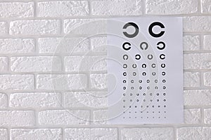 Vision test chart on white brick wall, space for text