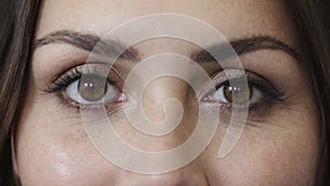 Vision test and eyes on face of woman for optometrist contact lenses assessment of eyesight zoom. Health, wellness and