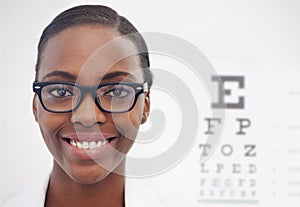 Vision, test and portrait of woman in consultation for optometry, eye exam and doctor in healthcare. Glasses, expert and