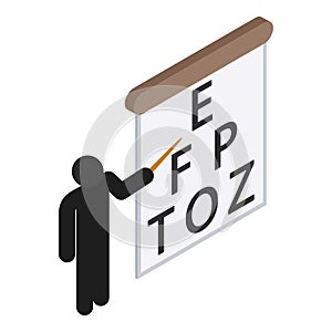 Vision testing icon isometric vector. Snellen chart man icon with pointer stick