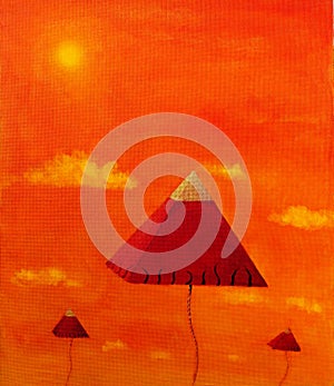 Vision of three pyramids flying up to the orange sky.
