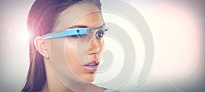 Vision, woman and smart glasses for augmented reality, metaverse or innovation. Face, cyber eyewear and futuristic tech