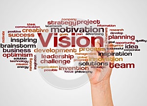 Vision word cloud and hand with marker concept