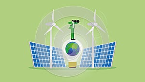 Visionary businessman uses binoculars on the world light bulb, wind turbine generator power, and solar cells