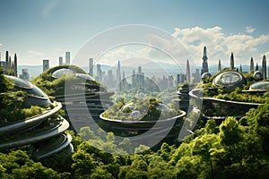 A visionary cityscape blending nature and architecture, with spiraling eco-buildings and transparent domes amidst a lush forest