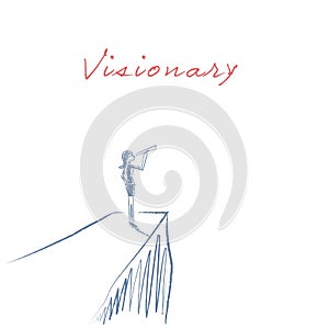 Visionary leadership concept vector illustration with business woman looking through telescope from a cliff. Hand drawn