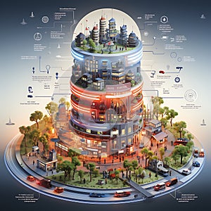 This visionary vertical city illustrates a sustainable, self-contained ecosystem, with layers of residential, commercial, and
