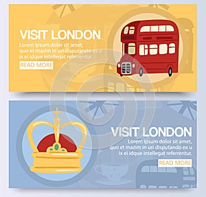 Visit and discover London on double decker red bus banner vector illustration. City public transport service vehicle