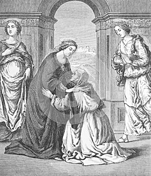 The Visit by Domenico Ghirlandaio, an Italian Renaissance painter in the old book Histoire des Peintres, by M. Blanc, 1868, Paris