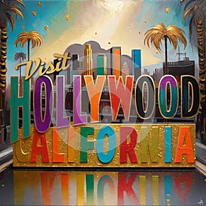 Visit Hollywood California Art Poster Print Painting Colorful Palm Trees photo