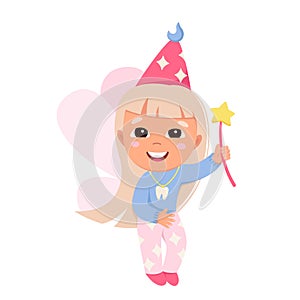 Visit of magical tooth fairy, cute cheerful fairytale character holding magic wand