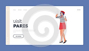 Visit Paris Landing Page Template. Classic Look French Female Mime Showing Pantomime Holding Hands on Invisible Wall