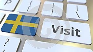 VISIT text and flag of Sweden on the buttons on the computer keyboard. Conceptual 3D animation