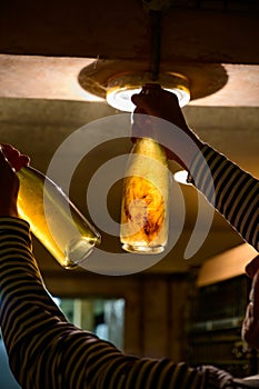 Visit of undergrounds caves, showing of sediment in bottles, traditional making of champagne sparkling wine in Cote des Bar,