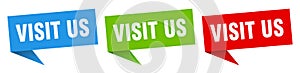 visit us banner. visit us speech bubble label set. photo