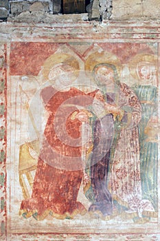 Visitation of the Virgin Mary, fresco in the church of Virgin Mary of Lakuc in Draga podno Dvigrada, Croatia