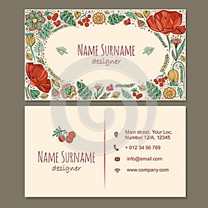 Visiting card. business card with cute hand drawn floral pattern