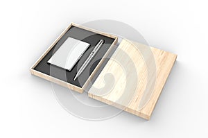 Visiting card holder and pen gift set box, 3d render illustration.