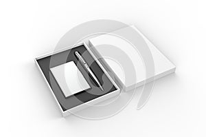 Visiting card holder and pen gift set box, 3d render illustration.