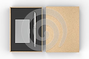Visiting card holder and pen gift set box, 3d render illustration.