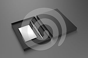 Visiting card holder and pen gift set box, 3d render illustration.