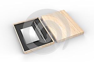 Visiting card holder and pen gift set box, 3d render illustration.