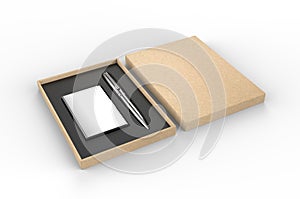 Visiting card holder and pen gift set box, 3d render illustration.