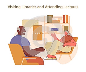 Visiting libraries and attending lectures concept. photo