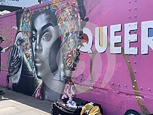 Large colorful queer graffiti art on the streets of Shoreditch East London Uk