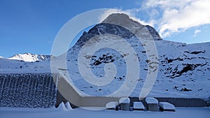 Visitor centre on Trollstigen in snow in Norway in autumn