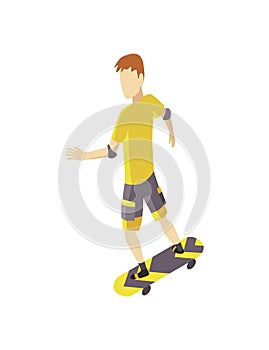 Visitor of isometric skatepark. Young man riding on skateboard. Modern youth leisure. Recreation playground vector