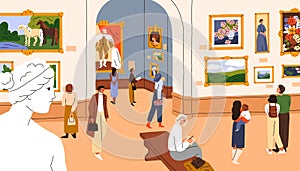Visitors at Art gallery, famous paintings exhibition. People visiting picture museum, looking at exhibited exposition