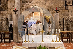 Visitors are in the main altar of Church of the Annunciation in Nazareth city in northern Israel