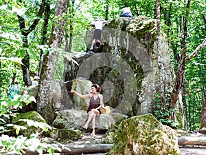 Visitors near Devil`s Finger rock in Shapsugskaya