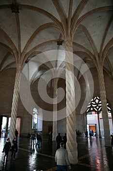 Visitors at Palma de Mallorca historical silk exchange vertical