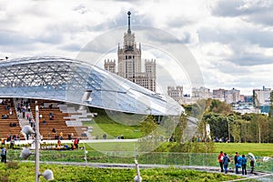 Visitors walk to amphitheater in Zaryadye park